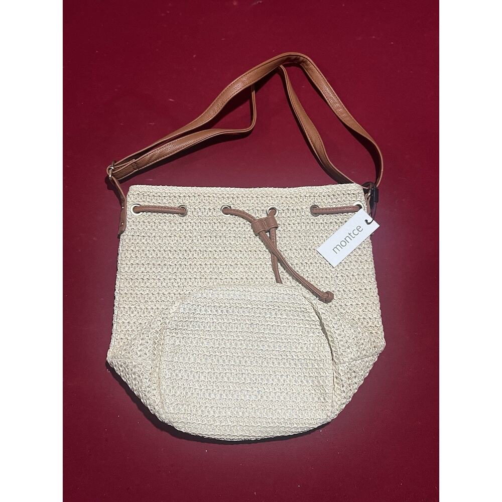 Montce White and tan straw bucket bag with brown leather straps